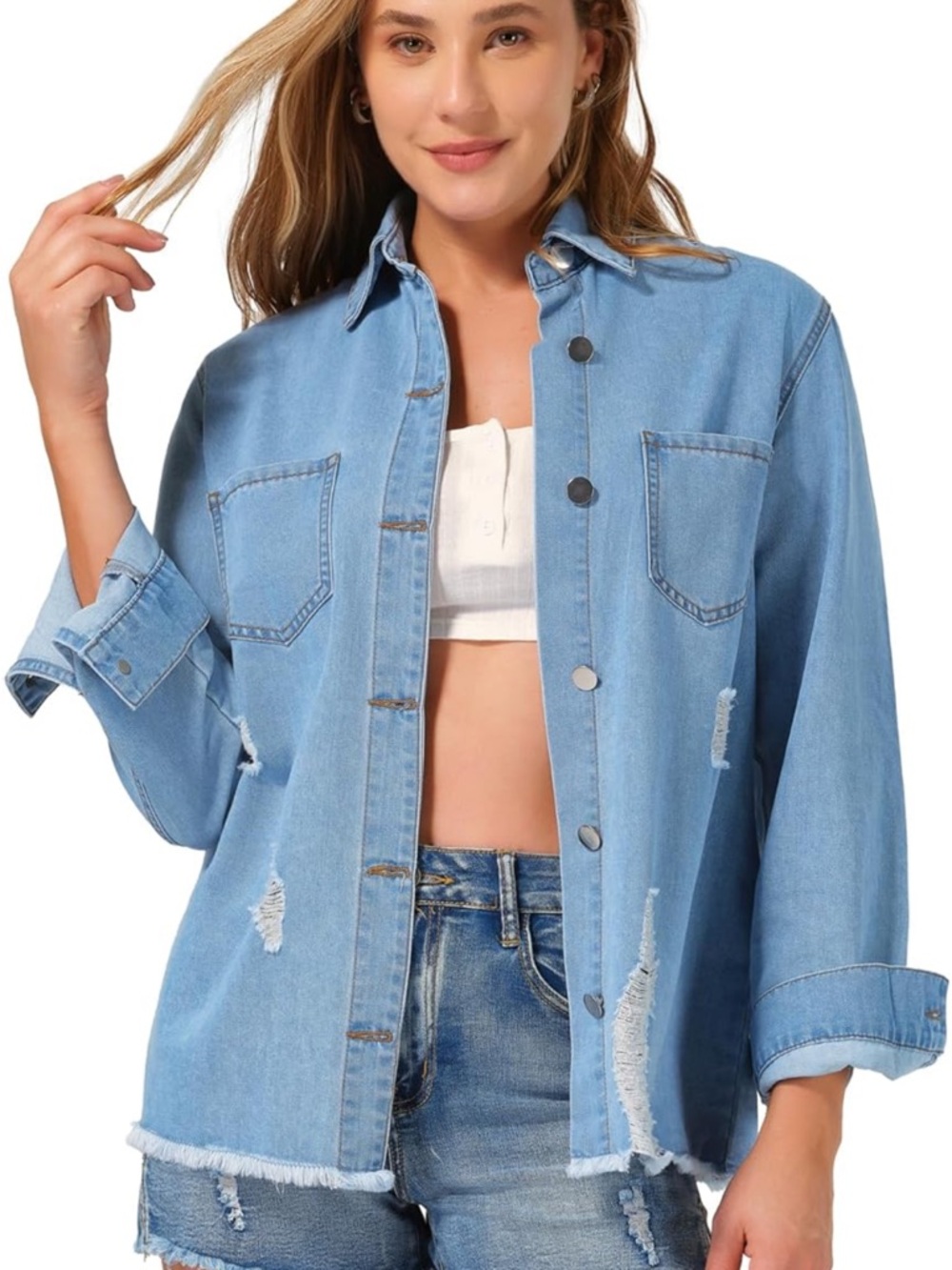 NWT roswear Light Wash Distressed Long Sleeve Denim Shirt Size Medium
